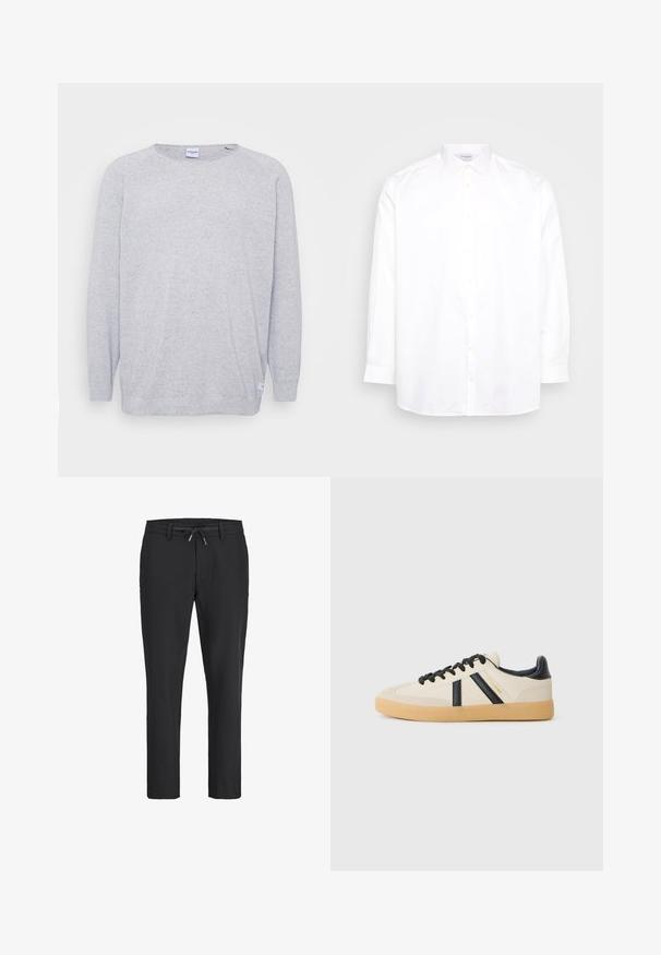 Lys grå sweater med lange ærmer, rund halsudskæring og struktureret strik. Har et diskret spættet mønster og et lille mærke ved kanten.; Hvid langærmet skjorte med knapper lavet af bomuld. Har en spids krave og seks knapper fortil. Glat tekstur, normal pasform.; Sorte, afslappede bukser med elastisk taljebånd og justerbar snøre, lige ben pasform og bæltestropper.; Casual sneakers i creme med sorte striber, med en tekstureret overdel og sål i gummigummi. Snørebåndene er sorte. Diskret logo på siden.