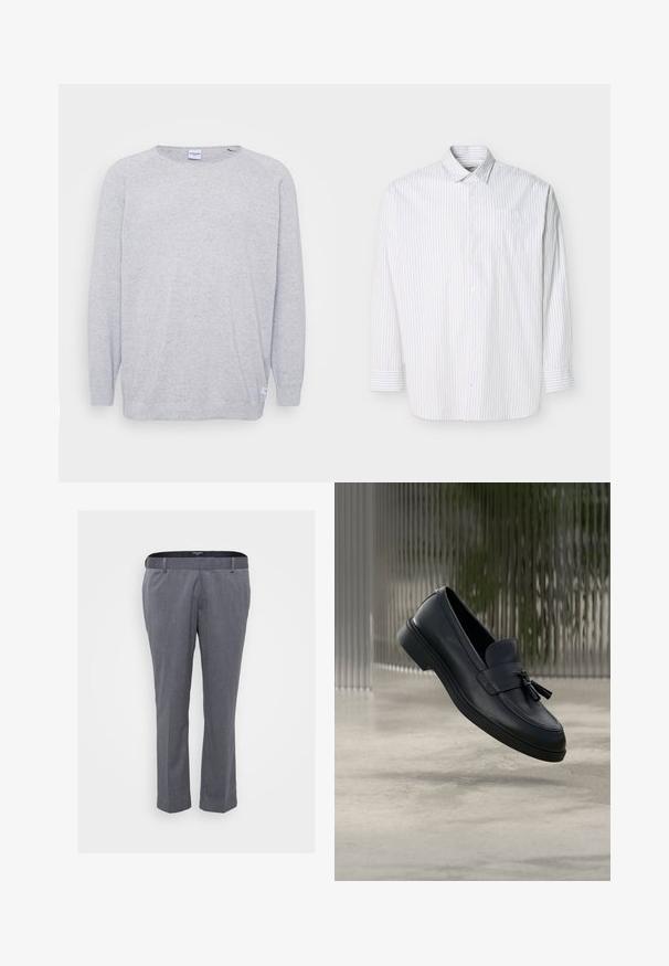 Lys grå sweater med lange ærmer, rund halsudskæring og struktureret strik. Har et diskret spættet mønster og et lille mærke ved kanten.; Hvid skjorte med lange ærmer og knapper foran, med tynde lodrette beige striber og en brystlomme, vist fladt på en lys baggrund.; Grå skrædderbukser med lige ben-design, lavet af tekstureret stof. Har bæltestropper og lynlåslukning.; Sorte læderloafers med en glat tekstur, en rundet tå og dekorative kvaster foran. Fleksibel gummisål med lav hæl.
