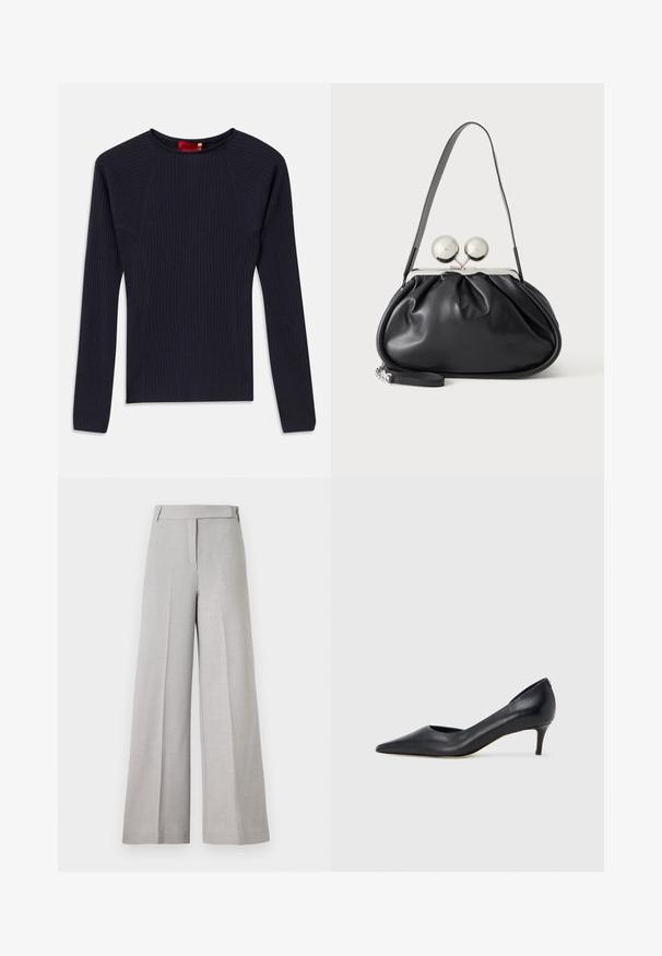 Suéter de punto de color azul marino, de manga larga, con cuello redondo y silueta ajustada.; Pantalones de pierna ancha en gris claro con una textura suave, que presentan una cinturilla entallada y un pliegue frontal para un aspecto pulido.; Zapato de tacón bajo de cuero negro con punta puntiaguda. Presenta una textura lisa y un brillo sutil. Corte abierto en la parte frontal para un detalle adicional.; Bolso de mano de cuero negro con diseño fruncido, una sola correa, marco metálico plateado y dos cierres grandes redondos de plata.