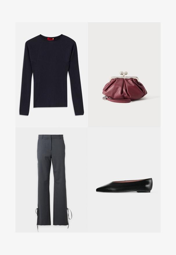 Suéter de punto de color azul marino, de manga larga, con cuello redondo y silueta ajustada.; Pantalones entallados gris oscuro con pierna recta y lazos en el dobladillo, con trabillas para cinturón y cierre frontal oculto.; Zapato plano negro de cuero para mujer con punta puntiaguda y tacón bajo, mostrado de lado sobre un fondo liso gris claro.; Pequeño bolso de mano de cuero burdeos con cierre metálico plateado y correa de muñeca sobre fondo blanco.