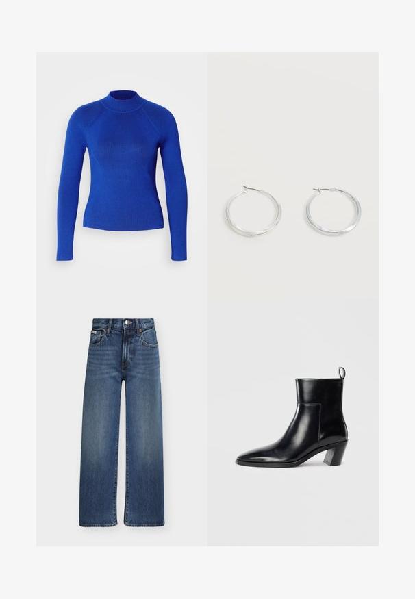 Blauwe geribde trui met een hoge halslijn en lange mouwen. Heeft een getailleerd ontwerp en een gestructureerde stof voor extra detail.; Straight-leg blauwe denim jeans met knoop- en ritssluiting aan de voorkant, riemlussen en vijfzakkenstijl.; Zwarte leren enkelboot met een spitse neus, een geometrische gestapelde hak en een trekband aan de achterkant. Gladde textuur en slank ontwerp.; Zilverkleurige metalen creolen oorbellen met een glad, licht gebogen oppervlak en sluitingen met haaksluiting op een effen witte achtergrond.