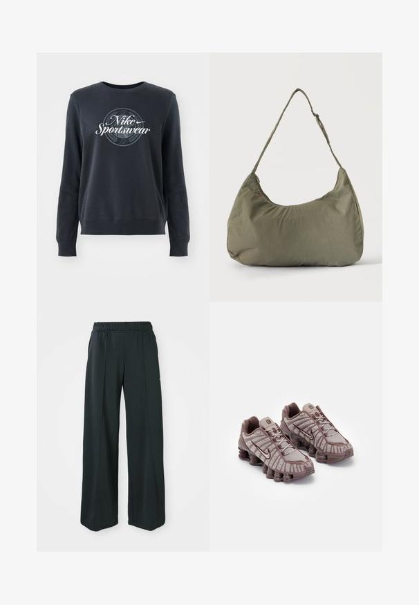Tume sinine jack, mis on valmistatud pehmest kangast, ümmarguse kaelusega, pikkade varrukatega ja esiserval "Nike Sportswear" graafikaga.; Mustad, laiad spordipüksid elastse vööniidega. Valmistatud siledast, venivast kangast, millel on kerge esiseam ja ei ole taskuid.; Nike Sportswear SHOX TL - Tossud - pumice/night maroon/plum eclipse; Õlakott pehmest oliivrohelisest kangast, lukuga sulgemine ja reguleeritav rihm, ühtlasel heledal taustal.
