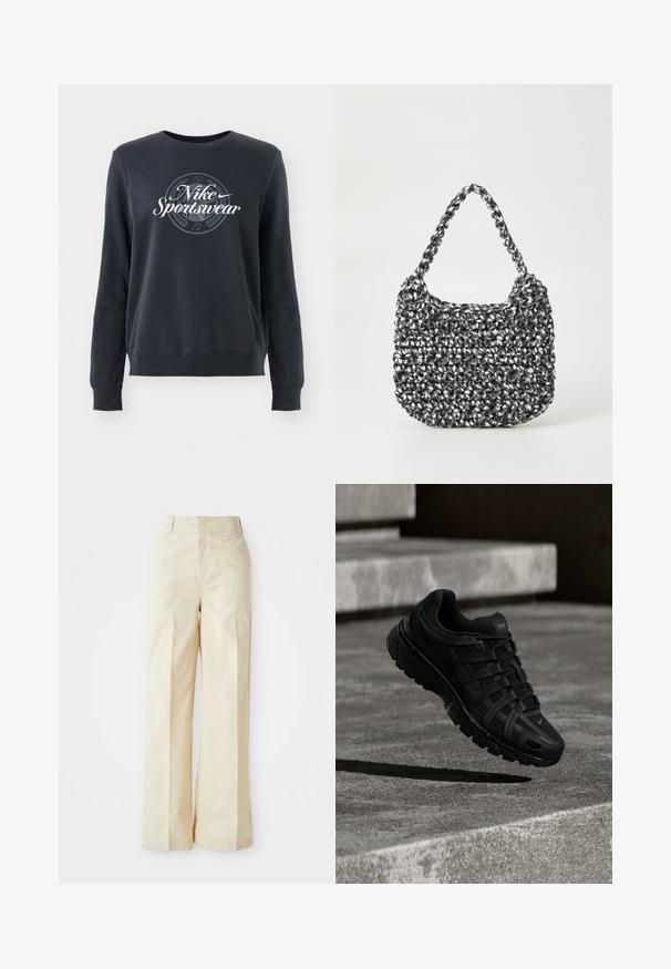 Donkerblauwe sweatshirt gemaakt van zachte stof, met een ronde hals, lange mouwen en een grafisch "Nike Sportswear" logo op de voorkant.; Beige wijde broek met een hoge taille, gemaakt van een gladde stof en voorzien van keurig gestreken voorplooien, tegen een effen witte achtergrond.; Zwarte sportschoen met een bovenwerk van mesh, een rubberen zool en een ingewikkeld vetersysteem; heeft een lichte kromming en Nike-logo.; Geweven handtas in zwart en wit met een ronde vorm, gestructureerd oppervlak en een gevlochten handvat. Geschikt voor dagelijks gebruik.