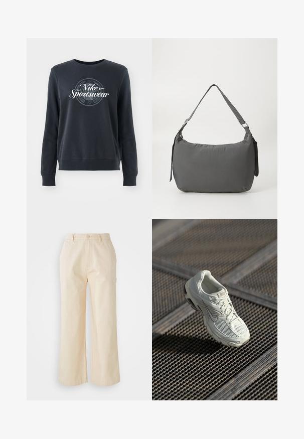 Mørkeblå sweatshirt lavet af blødt stof, med rund hals, lange ærmer og et grafisk "Nike Sportswear" logo foran.; Lys beige, vide bukser lavet af bomuld med en glat tekstur, der har en frontknaplukning og sidelommer.; Hvide Nike løbesko med overdel i mesh og syntetisk materiale, som hviler på metalristgulv i blødt naturligt lys.; Grå polstret skuldertaske med en buet form, en glat tekstur, justerbar strop og et diskret prægede logo på forsiden.