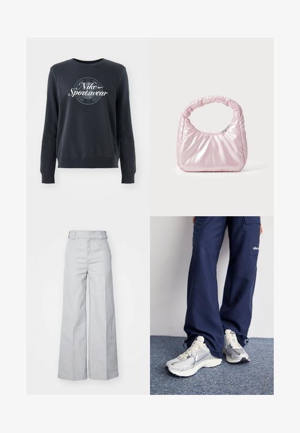 Tume sinine jack, mis on valmistatud pehmest kangast, ümmarguse kaelusega, pikkade varrukatega ja esiserval "Nike Sportswear" graafikaga.; Heledad hallhallid puuvillasegusest materjalist püksid, millel on kõrge vöökoht, struktureeritud vööling ja nähtavad õmblused.; Nike spordijalatsid hõbedase võrkkanga ülaosaga, valgete aktsentidega ja tekstuuriga tallad, koos laia lõikega tumesiniste pükstega.; Roosa, polsterdatud käekott ümmarguse disainiga, valmistatud läikivast materjalist. Omab kogutud käepidet ja lukuga sulgemist, et tagada turvaline ligipääs.