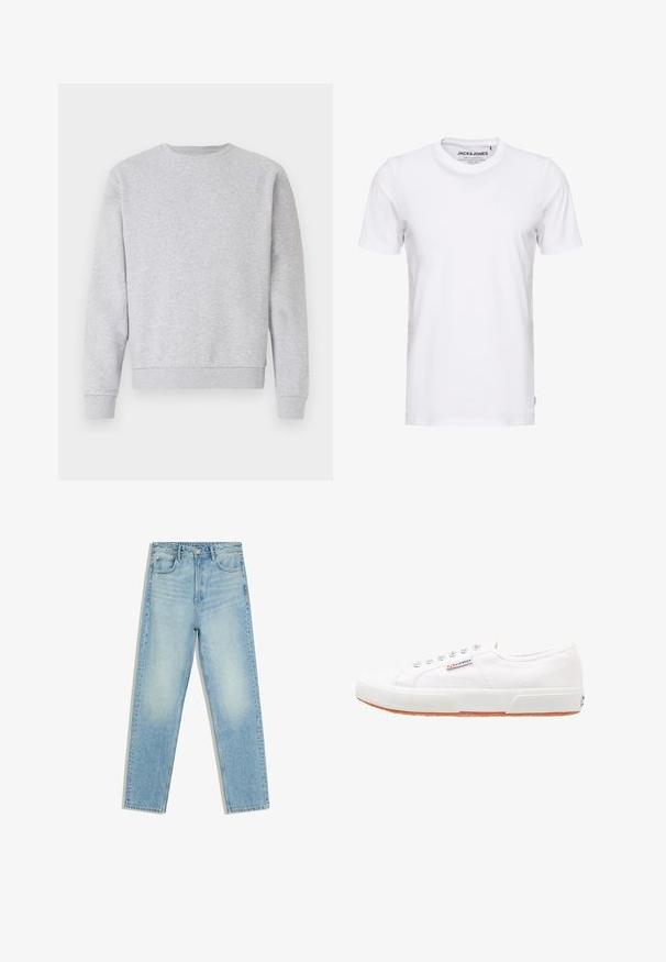 Grå sweatshirt lavet af blødt stof, med rund hals, lange ærmer samt ribbemanchetter og -kant. Simpelt design uden logoer eller mønstre.; Hvid t-shirt med korte ærmer lavet af bomuld, med en rund hals og et enkelt design. Brandtag synlig på halsområdet. Ingen mønstre eller accenter.; Lyseblå jeans med høj talje, lige ben, for- og baglommer og knaplukning på hvid baggrund.; Hvide kanvas sneakers med gummisål, snørebåndsdesign og et lille logo mærke på siden. Tekstureret hvid overdel og brun ydersål.
