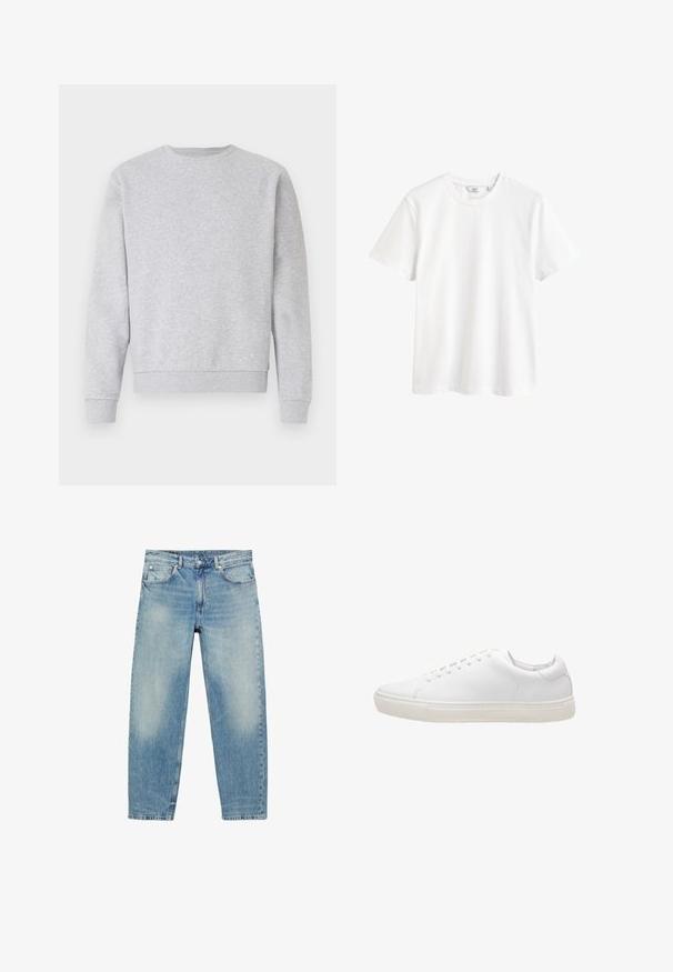 Grå sweatshirt lavet af blødt stof, med rund hals, lange ærmer samt ribbemanchetter og -kant. Simpelt design uden logoer eller mønstre.; Hvid kortærmet t-shirt med rund halsudskæring og en lille mærkeetiket indeni kraven.; Blå straight-leg denim jeans med forlommer og bæltestropper, der viser let falmede detaljer på lår og knæ.; Hvide lædersneakers med en glat overflade, rund tå, snørebåndslukning og flad gummisål. Minimalistisk design uden synlige mønstre.