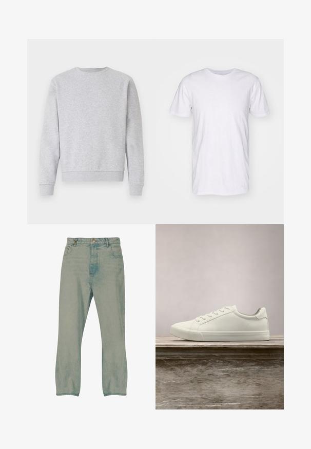 Grå sweatshirt lavet af blødt stof, med rund hals, lange ærmer samt ribbemanchetter og -kant. Simpelt design uden logoer eller mønstre.; Selected SLHASPEN SLUB TEE - T-shirts basic - bright white; Lyseblå jeans med lige ben, forrest knapper, bæltestropper og forlommer, vist mod en hvid baggrund.; Hvide snørresneakers svævende over en træbænk med grønne planter i baggrunden, der fremhæver skodesign og tekstur.