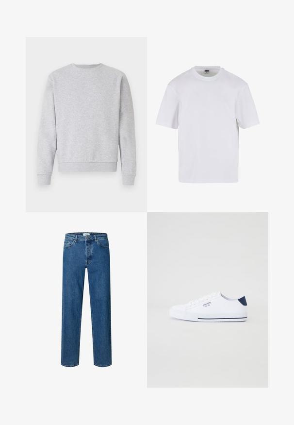 Grå sweatshirt lavet af blødt stof, med rund hals, lange ærmer samt ribbemanchetter og -kant. Simpelt design uden logoer eller mønstre.; Hvid kortærmet t-shirt lavet af bomuld. Har en rund halsudskæring og en afslappet pasform. Glat tekstur, minimalistisk design, ingen mønstre eller accenter.; Blå straight-leg denim jeans med knap- og lynlåslukning, bæltestropper og fem-lomme-design.; Hvide kanvas sneakers med en marineblå hælaccents, flad gummisål, rund tå og hvide snørebånd. Har logo på siden.