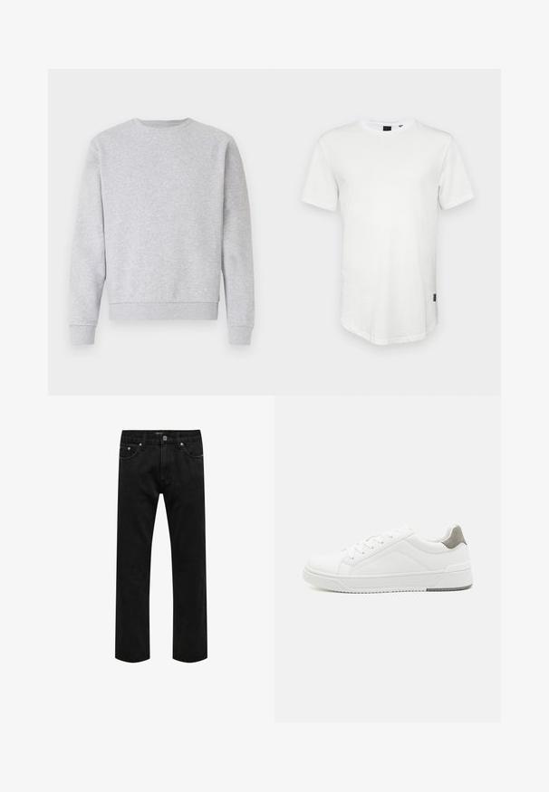 Gray sweatshirt made of soft fabric, featuring a crew neck, long sleeves, and ribbed cuffs and hem. Simple design without logos or patterns.; White short-sleeve t-shirt made of cotton, featuring a round neckline and a slightly elongated back, with a small logo accent on the side.; Black straight-leg denim jeans with classic five-pocket design and button closure at the waist, displayed flat on a white background.; White sneaker with smooth leather material, rounded toe, minimalistic design, grey heel accent, and textured rubber sole.