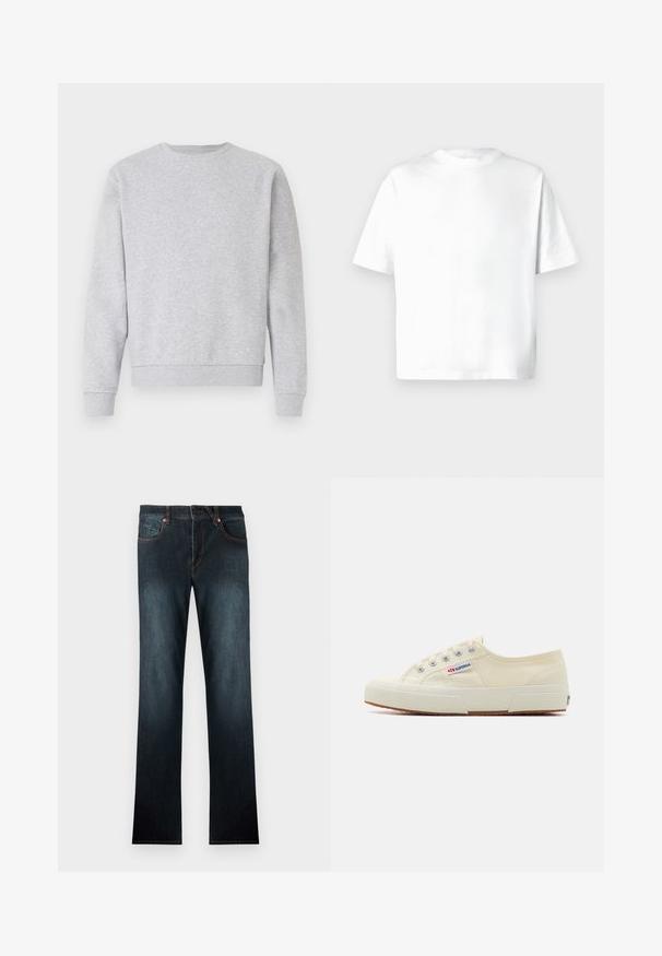 Gray sweatshirt made of soft fabric, featuring a crew neck, long sleeves, and ribbed cuffs and hem. Simple design without logos or patterns.; White short-sleeve t-shirt made of soft cotton, featuring a crew neck and a relaxed fit with no patterns or graphics. Smooth texture.; Dark blue denim jeans featuring a straight leg design, five-pocket style, copper rivets, and a button closure. Smooth texture with minimal fading.; Beige canvas sneaker with a low-profile design, metal eyelets, and rubber sole. Features a textured pattern and logo detail on the side.