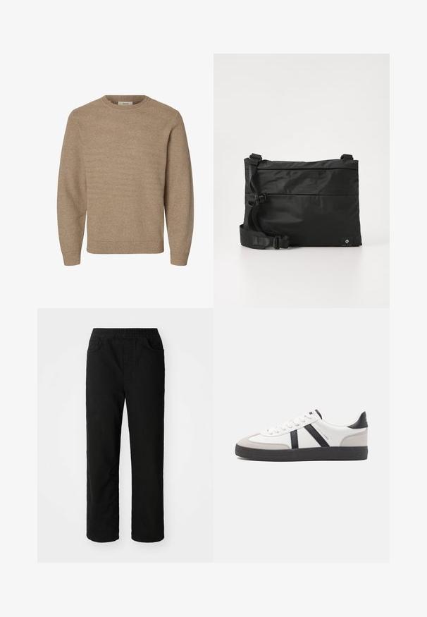 Beige langærmet strikket sweater med rund halsudskæring og ribstrikkede manchetter og kant, vist på en hvid baggrund.; Sorte bomuldsbukser med en afslappet pasform, elastisk talje, to frontlommer og lige ben. Glat tekstur uden synlige mønstre.; Hvide sneakers med sorte og grå detaljer, med en tekstureret grå tåhætte, sort gummisål og flade hvide snørebånd. Rent design, minimalistisk stil.; Sort nylon messenger-taske med justerbar rem, fladt design og et sideetiket med et logo. Glat tekstur og minimalistisk stil.
