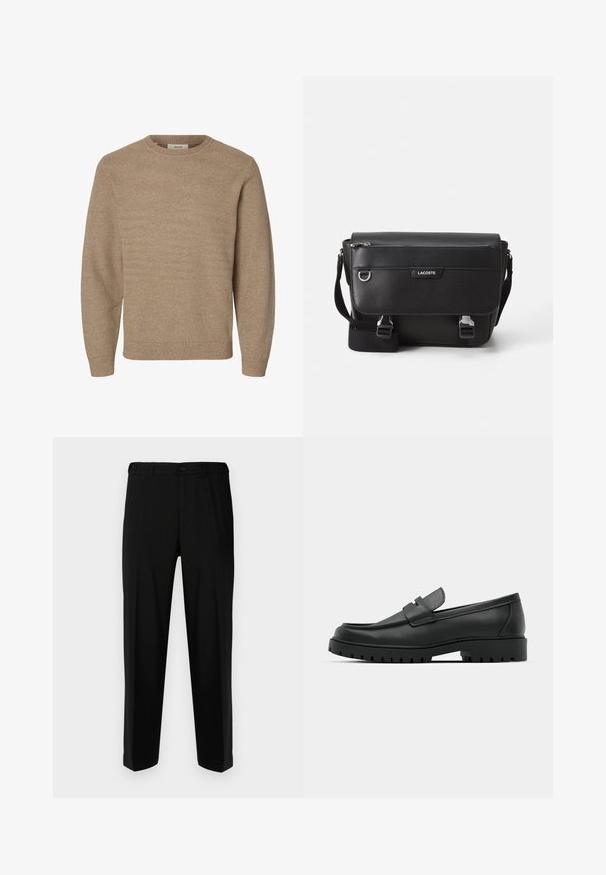 Jersey beige de punto con mangas largas, cuello redondo y puños y dobladillo de canalé, mostrado sobre un fondo blanco.; Pantalones negros de tela suave, con corte recto, dos bolsillos frontales y cremallera con cierre de botón.; Mocasines de cuero negro con punta redonda, que cuentan con un diseño cosido, suela de plataforma baja y una suela de goma texturada y con tacos.; Bolso mensajero Lacoste negro texturizado con correa ajustable, tapa frontal, bolsillo con cremallera y cierres de hebilla metálica.