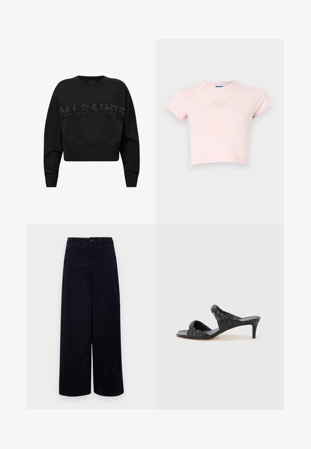 Sort cropped sweatshirt lavet af blødt stof, med "ALLSAINTS" i teksturerede sorte accenter på forsiden. Rund hals og lange ærmer.; Kortskaeret pink t-shirt i bomuld med korte ærmer og et lille sølv "Hug" tekstdesign på brystet. Glat tekstur og rund halsudskæring.; Marineblå vide bukser lavet af tekstureret stof. Har en foran knappelukning, bælteholdere og lommer på begge sider.; Sorte hælede sandaler med firkantet tå, lavet af glat læder. Har samlet remme og en slank hæl for ekstra højde.