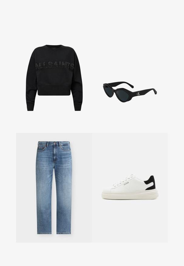 Sort cropped sweatshirt lavet af blødt stof, med "ALLSAINTS" i teksturerede sorte accenter på forsiden. Rund hals og lange ærmer.; Lyseblå straight-leg denim jeans med fem lommer, knaplukning og diskrete falmede detaljer på forsiden af lårene.; Hvide lædersneakers med en tyk hvid sål, sort ruskindhælvægt og prægede logoer på siden. Snørebåndsdesign med seks øjer.; Sorte katteøje solbriller med en glat finish, mørke linser og et "cK"-logo på stangen. Vinklet design og tykke stel.