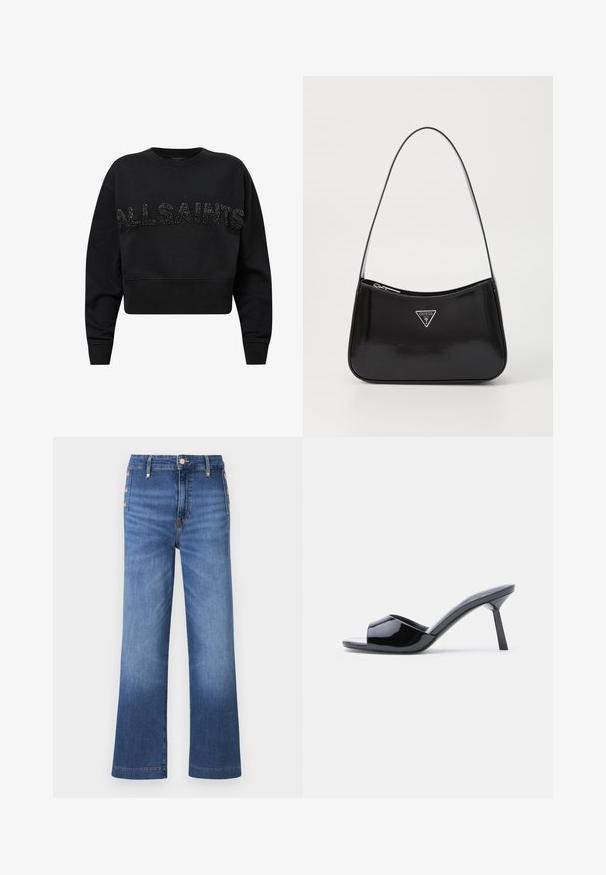 Sort cropped sweatshirt lavet af blødt stof, med "ALLSAINTS" i teksturerede sorte accenter på forsiden. Rund hals og lange ærmer.; Blå viddebenet denimjeans med knapdetaljer i siden og høj talje.; Sorte laklæder sandaletter med åben tå, der har et buet overdesign og en spids stilethæl. Glat, blank finish.; Sort patenteret læder skuldertaske med en buet form, prydet med et sølvfarvet trekantet logo og en lynlås-lukning. Glat tekstur og slank rem.