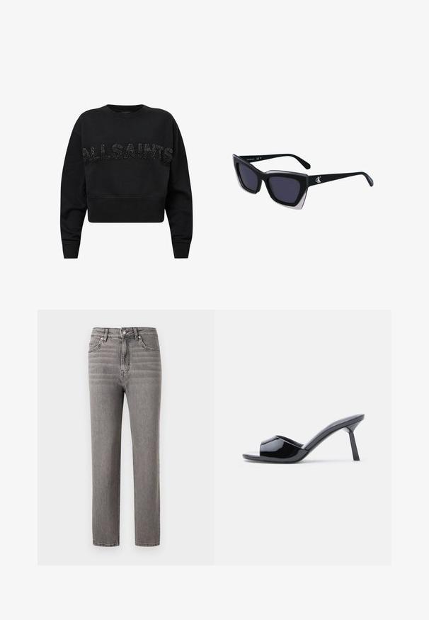 Sort cropped sweatshirt lavet af blødt stof, med "ALLSAINTS" i teksturerede sorte accenter på forsiden. Rund hals og lange ærmer.; Grå denim jeans med en lige snit-design, mellemhøjt talje, fem lommer og subtile lodrette syningsdetaljer. Glat tekstur og letvægts.; Sorte laklæder sandaletter med åben tå, der har et buet overdesign og en spids stilethæl. Glat, blank finish.; Store sorte oversized solbriller med geometrisk form, med mørke linser og en kontrasterende grå detalje på stellet. Logo på armen.
