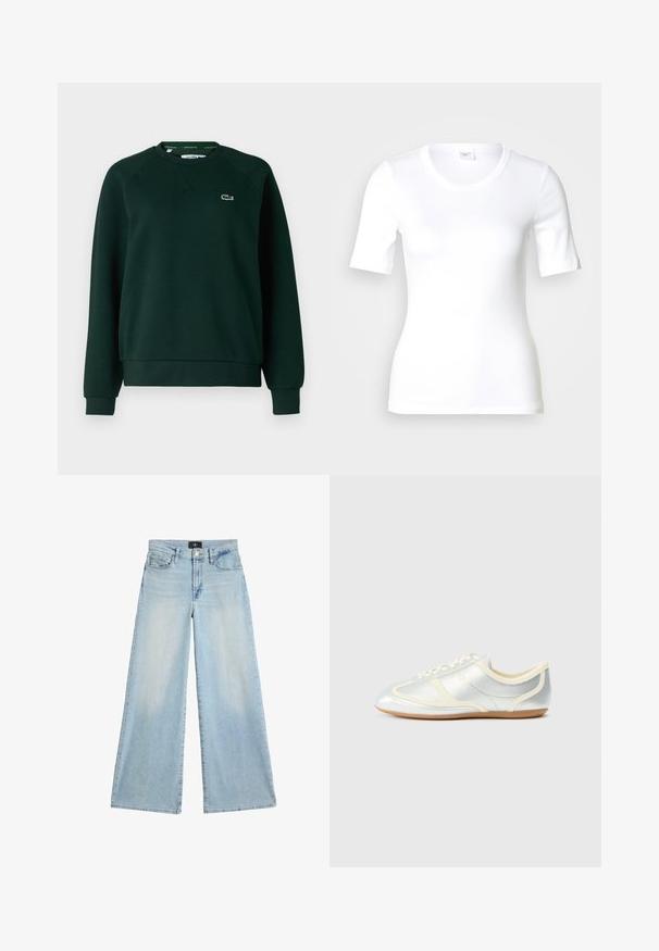 Lacoste Sweatshirt - sinople; Hvid T-shirt med korte ærmer lavet af glat bomuld, med rund halsudskæring og en tætsiddende pasform. Klassisk design uden mønstre eller detaljer.; Lyseblå vidde jeans lavet af denim, med høj talje, knaplukning og subtil forvaskning på stoffet.; Sølvfarvede syntetiske sneakers med cremefarvede detaljer, lav profil, rundet snude og flad gummisål; har klassiske syninger og snørelukning.
