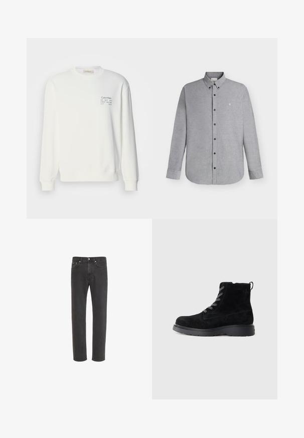 Sweatshirt en coton blanc à manches longues, col rond et logo imprimé sur la poitrine, avec des poignets et un ourlet côtelés.; Chemise gris clair à manches longues avec boutons, col boutonné et petit logo "cK" brodé sur la poitrine gauche.; Jean en denim noir à coupe droite avec fermeture avant par bouton et zip, poches avant et arrière, présenté sur fond blanc.; Bottes chevilles en suède noir avec une surface texturée, bout arrondi, lacets gris et une semelle noire robuste. Elles disposent d'une petite languette à l'arrière.