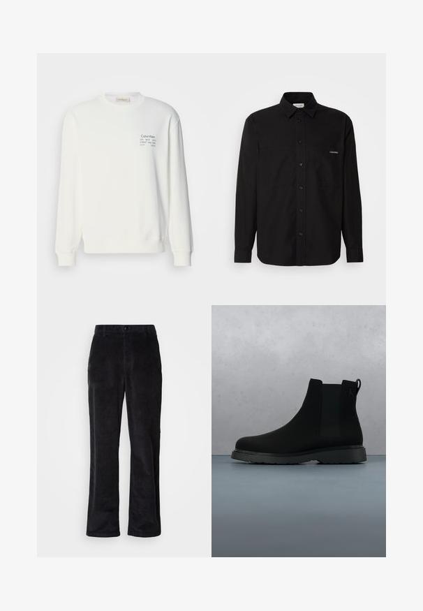 Sweatshirt en coton blanc à manches longues, col rond et logo imprimé sur la poitrine, avec des poignets et un ourlet côtelés.; Chemise noire à manches longues en coton, avec un devant boutonné, deux poches poitrine et un petit logo sur la poche gauche.; Pantalon en velours côtelé noir foncé avec une coupe droite, doté d'une fermeture à boutons, de passants pour ceinture et de poches latérales pour un port fonctionnel.; Bottine noire en matériau lisse avec des coutures subtiles, une semelle en caoutchouc et un design épuré, positionnée au-dessus d'une surface à texture bois.