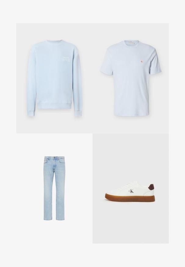 Lyseblå sweatshirt med rund halsudskæring, ribstrikkede manchetter og kant. Har hvid tekst på brystet, der angiver mærke- og adresseoplysninger.; Lyseblå kortærmet waffle-strikket t-shirt med rund hals og lille rød "CK" logo på venstre bryst.; Lyseblå straight-leg jeans i denim med forreste knap, lynlås og design med fem lommer vist på hvid baggrund.; Hvide sneakers med en gummisål, flade snørebånd og en hæl-accent i brunt ruskind. Har et subtilt præget "cK" logo på siden.