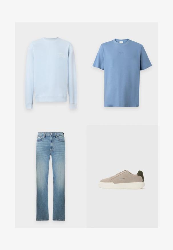 Lyseblå sweatshirt med rund halsudskæring, ribstrikkede manchetter og kant. Har hvid tekst på brystet, der angiver mærke- og adresseoplysninger.; Lyseblå bomulds T-shirt med korte ærmer, rund halsudskæring og subtil "Calvin Klein" logo i sort på brystet. Glat tekstur.; Lyseblå denimjeans med lige ben, fem-lomme design og en falmet finish. Har knaplukning og bæltestropper.; Beige ruskinds sneakers med en hvid gummisål, der har en mørkegrøn hælaccent og subtil branding på siden.