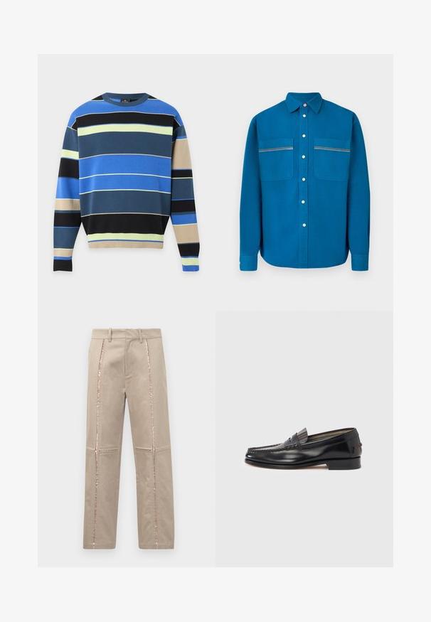 Pull en maille à manches longues avec des rayures horizontales bleu, noir, beige et jaune clair, col rond, poignets et ourlet côtelés.; Chemise à manches longues boutonnée en coton bleu vif. Comprend deux poches avant avec des surpiqûres contrastées et un col classique.; Pantalons beiges à coupe droite, avec des rayures latérales en sequins or rose et de subtils détails cousus sur les jambes.; Mocassins en cuir noir avec un design de style mocassin, présentant une bande décorative et un détail de couture sur le dessus. Talon bloc bas.