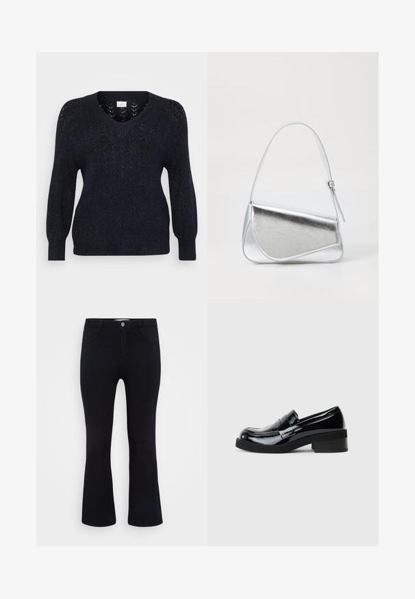 Navy gestrickter Pullover mit V-Ausschnitt, strukturierten durchbrochenen Details an den Schultern und langen, leicht puffigen Ärmeln. Weicher Stoff mit einem subtilen Schimmer.; ONLY Carmakoma Flared fit CARTHUNDER Mid waist - Flared Jeans - black denim; Schwarze Lacklederschuhe mit runder Zehenpartie, niedrigem Blockabsatz und glattem, glänzendem Finish. Verfügt über einen dekorativen Riemen über der Vorderseite.; Silberfarbene metallische Handtasche mit dreieckiger Form, glatter Textur und einem dünnen, verstellbaren Schultergurt. Sie verfügt über ein umklappbares Design mit Nähten.