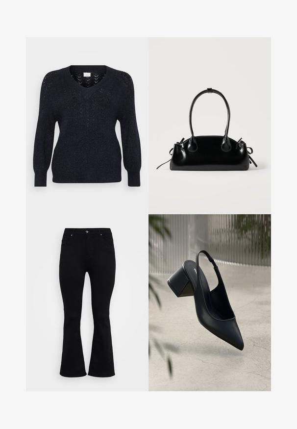 Navy gestrickter Pullover mit V-Ausschnitt, strukturierten durchbrochenen Details an den Schultern und langen, leicht puffigen Ärmeln. Weicher Stoff mit einem subtilen Schimmer.; ONLY Carmakoma Flared fit CARWILLY High waist - Flared Jeans - black denim; Schwarze Leder-Slingback-Pumps mit spitzem Zehenbereich und Blockabsatz. Glatte Textur, minimalistisches Design und verstellbarer Knöchelriemen.; Kleine schwarze glänzende Handtasche mit zwei langen Griffen und seitlichen Kordelzug-Details vor einfachem hellem Hintergrund.