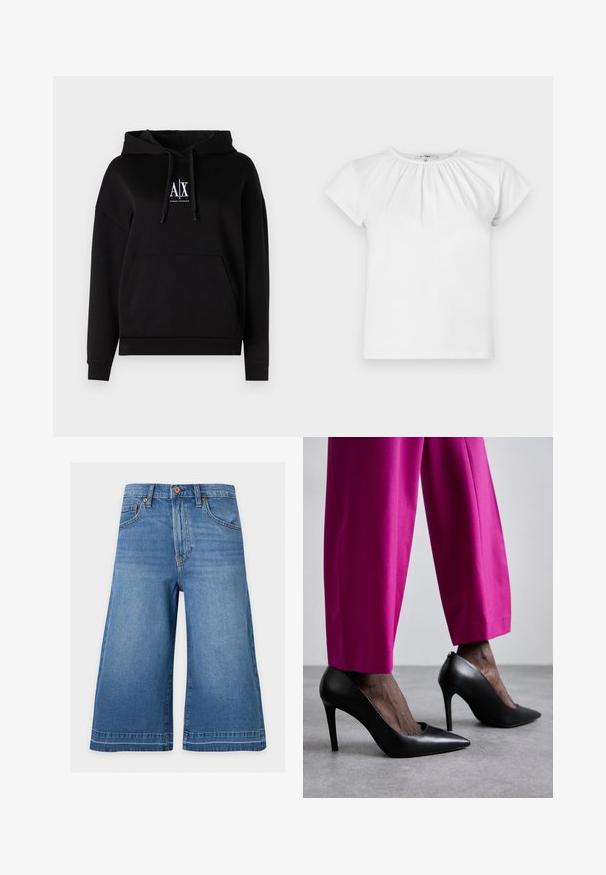 Sort hættejakke med lomme foran, snoretræk og et logo med "A|X" på brystet. Fremstillet af blødt stof med en afslappet pasform.; FRAME THE GATHERED TEE - T-shirts basic - white; Blå denim shorts til knæet med forlommer og knaplukning på en ensfarvet lys baggrund.; Sorte højhælede sko med spids tå-design og glat læderstruktur. Kombineret med lyserøde, skræddersyede bukser.