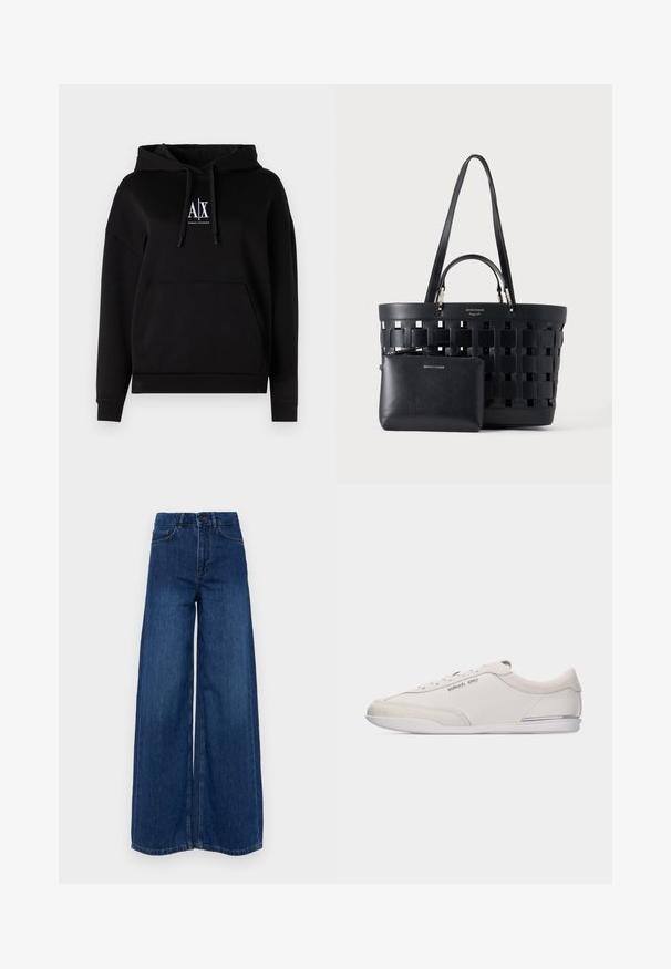 Sort hættejakke med lomme foran, snoretræk og et logo med "A|X" på brystet. Fremstillet af blødt stof med en afslappet pasform.; Vanessa Bruno BILBAO - Wide leg - royal; Lavprofil hvid og beige snøresneakers med glat læder og ruskindsdetaljer, med en lille Michael Kors-logo på siden.; Sort vævet tote-taske med dobbelte håndtag og en lille matchende lynlåslomme foran, begge lavet af læder.