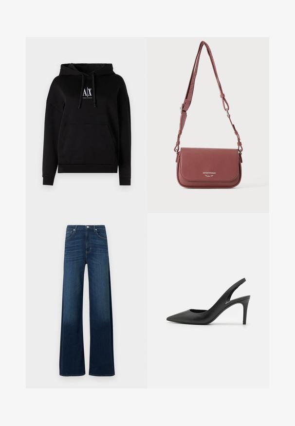 Sort hættejakke med lomme foran, snoretræk og et logo med "A|X" på brystet. Fremstillet af blødt stof med en afslappet pasform.; Jeans med vide ben i mørkeblå denim. Har høj talje, fem lommer, diskret viskelædereffekt og syningsdetaljer langs sømmene.; Sorte læder slingback høje hæle med spids tå-design, der har en udskæring fortil og en tynd stiletto-hæl.; Lille tekstureret mauve læder crossbody taske med justerbar rem og klaplukning med prægget sølv brandlogo.