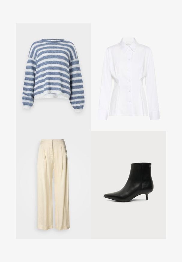 American Vintage NENYBAY - Pullover - polaire/raye tornade; Blouse blanche à manches longues avec col pointu, taille cintrée et étiquette de marque visible "Gestuz" à l'intérieur du col.; Pantalon en soie crème taille haute avec plis, jambes larges et fermeture éclair avant dissimulée sur un fond blanc uni.; Bottine en cuir noir avec bout pointu et petit talon kitten sur fond clair, vue côté extérieur.