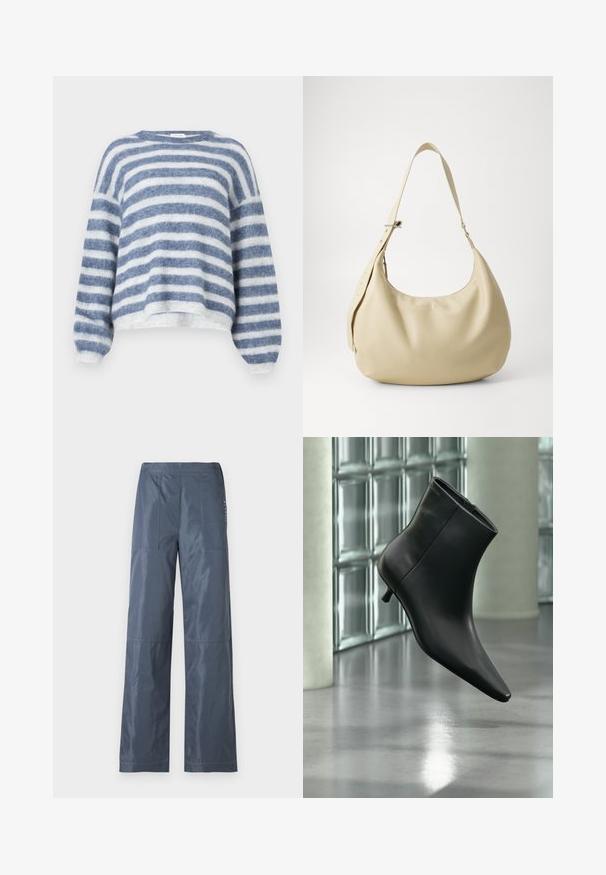 American Vintage NENYBAY - Pullover - polaire/raye tornade; Pantalons à jambes larges en gris foncé, en tissu lisse. Comprend deux poches avant et des détails cousus le long des coutures.; Bottine en cuir noir à bout pointu et petit talon kitten, présentée en angle devant un sol poli et un mur en blocs de verre.; Sac à épaule en cuir beige avec une forme courbée, une bandoulière réglable et un détail de logo embossé, présentant une texture lisse et un design minimaliste.