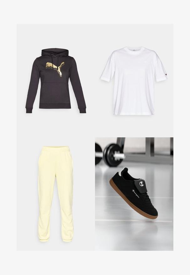 Μαύρο hoodie με μακριά μανίκια και μπροστινή τσέπη. Διαθέτει χρυσό λογότυπο Puma και αντίθετες ρίγες στις λεπτομέρειες του λογότυπου. Μαλακό ύφασμα.; Λευκό βαμβακερό μπλουζάκι με στρογγυλή λαιμόκοψη, κοντά μανίκια και μικρό λογότυπο στο αριστερό στήθος. Λείο ύφασμα, κανονική εφαρμογή.; Κίτρινη φόρμα από μαλακό ύφασμα, με ελαστική μέση και στενούς μανσέτες, με λεία υφή και χωρίς ορατά σχέδια.; Μαύρο και καφέ αθλητικό παπούτσι Champion κρεμασμένο στον αέρα σε γυμναστήριο με θολωμένο μπάρμπελ στο φόντο.