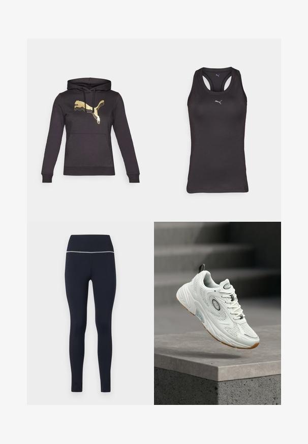 Čierna mikina s kapucňou, dlhými rukávmi a prednou vreckom. Obsahuje zlaté logo Puma a kontrastné pruhy na logu. Mäkká látka.; Čierny športový tielko s pretečnou konštrukciou, vyrobené z hladkej látky, s malým šedým logom na prednej časti.; Námornícke legíny s elastického materiálu, s širokým pásom a reflexným pásom na vrchu pre lepšiu viditeľnosť.; Biela teniska FILA s detailmi z sieťoviny a kože, svetlohnedou podrážkou a čiernym ťahadlom, ktoré visí nad sivým betónovým zábradlím so schodmi v pozadí.