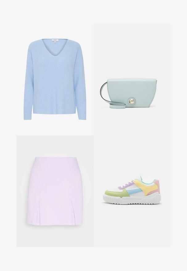 Hellblauer, gestrickter Pullover mit V-Ausschnitt, langen Ärmeln und einem gerippten Muster. Verfügt über eine entspannte Passform und einen weichen Stoff.; Even&Odd Minirock - lilac; Bunt gefärbter Sneaker mit weißem Grund und Akzenten in Grün, Lila, Blau, Gelb und Pink. Glatte Textur, Schnürdesign und dicke Sohle.; Hellblaue Lederhandtasche in Halbmondform, mit einem dekorativen runden goldenen Knopf und einem dünnen Trageriemen. Glatte Textur, minimales Design.
