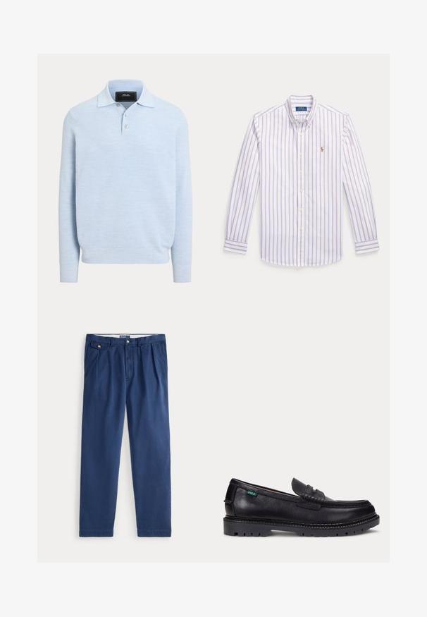 Polo en maille bleu clair à manches longues avec ourlet côtelé, patte de boutonnage et tissu doux texturé.; Chemise blanche à manches longues avec des rayures verticales violet clair, col boutonné et petit logo brodé sur la poitrine.; Pantalon décontracté bleu marine avec rabat de poche boutonné côté droit, poches avant et passants de ceinture.; Mocassin en cuir noir avec une semelle épaisse à crampons et une petite étiquette verte "Polo" sur le côté extérieur, près du talon.