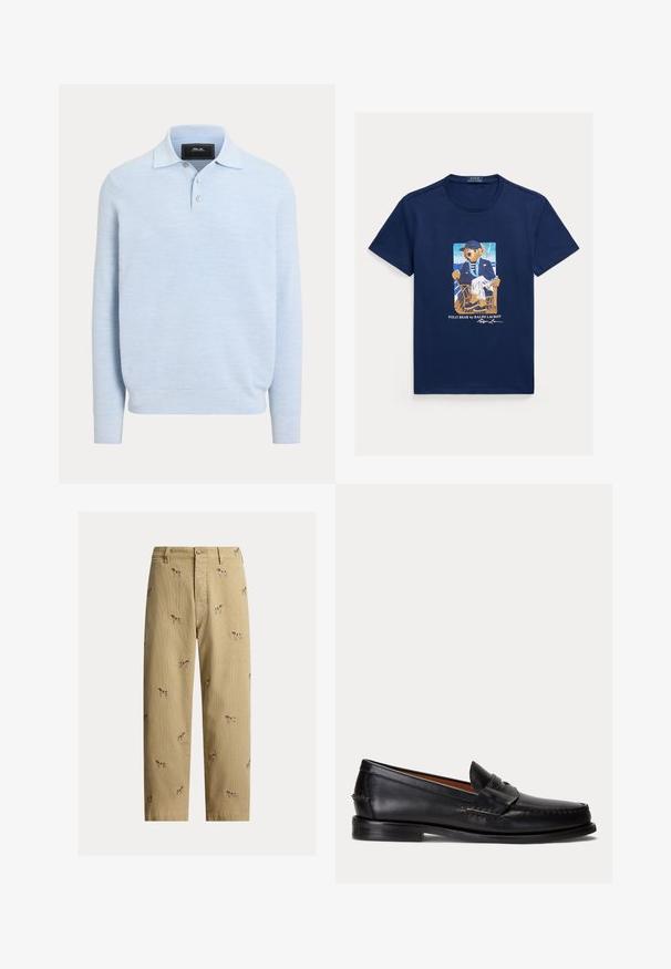 Polo en maille bleu clair à manches longues avec ourlet côtelé, patte de boutonnage et tissu doux texturé.; T-shirt bleu marine avec un motif représentant un ours vêtu d’une veste rayée, d’un pantalon blanc et d’une casquette, assis sur une chaise sur le pont d’un bateau.; Pantalon en velours côtelé beige avec motifs brodés de chiens, coupe droite, cinq poches et fermeture à bouton devant.; Mocassin en cuir noir avec un petit talon et une bride penny, vu de côté sur un fond gris clair.