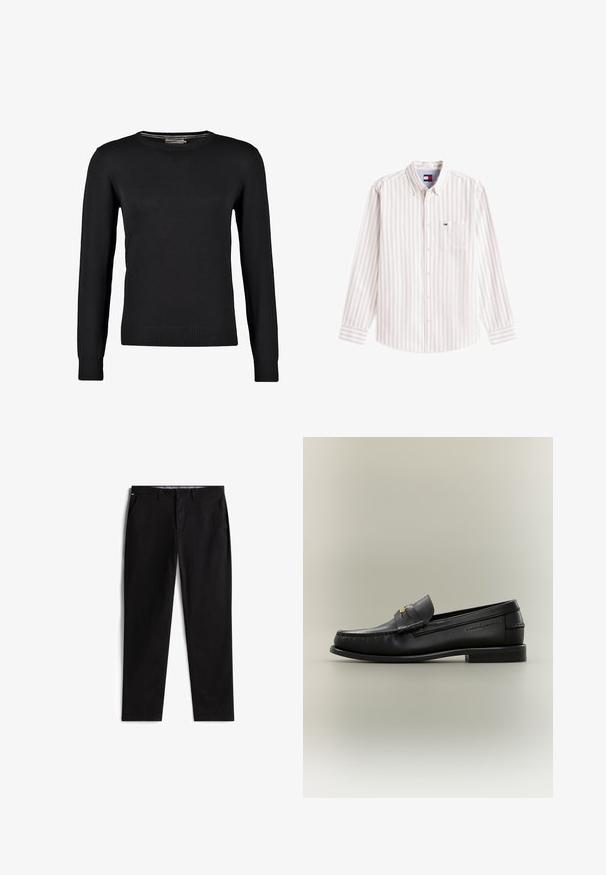 Pull en tricot noir à manches longues, col rond, avec des poignets et un ourlet côtelés. Texture lisse et coupe ajustée.; Chemise à manches longues à rayures verticales blanches et gris clair, avec poche poitrine et petit logo sur la poche, boutons au col.; Pantalons en coton noirs avec une coupe droite, dotés de poches latérales, d'une fermeture à bouton et d'un discret logo sur la ceinture.; Mocassin noir en cuir à enfiler avec petit talon, boucle dorée et nom de marque embossé sur le côté sur fond neutre.
