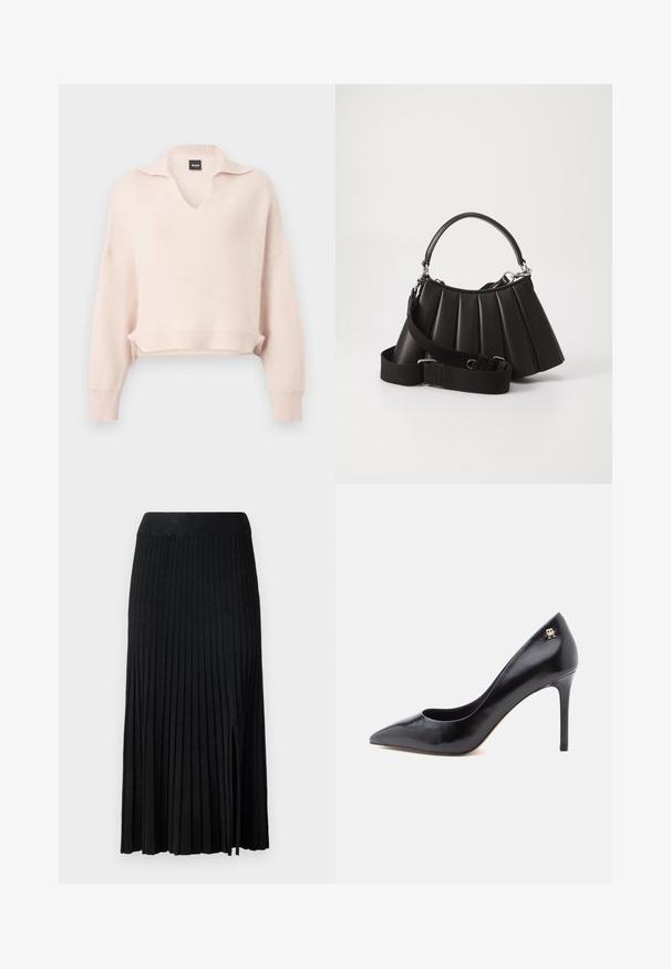 Pull rose clair en tricot avec col en V et col, épaules tombantes, ourlet et poignets côtelés. Fabriqué à partir d'un matériau doux et texturé.; Jupe midi plissée noire avec ceinture côtelée, présentant un tissu texturé, une fente latérale et des lignes verticales sur l'ensemble du design.; Escarpin en cuir noir à talon haut avec un bout pointu, présentant un design ajouré et un petit logo doré sur le talon.; Sac à main plissé noir avec une poignée arrondie, une bandoulière réglable et une texture brillante. Présente des accessoires en argent et une silhouette structurée.