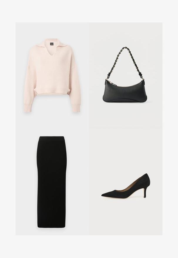 Pull rose clair en tricot avec col en V et col, épaules tombantes, ourlet et poignets côtelés. Fabriqué à partir d'un matériau doux et texturé.; Jupe midi noire à côtes avec une coupe ajustée, taille élastique et texture lisse, présentant une silhouette droite et sans embellissements visibles.; Escarpin en daim noir à bout pointu avec un talon stiletto fin de hauteur moyenne et un design à coupe basse sur un fond uni.; Sac à bandoulière en cuir noir de forme rectangulaire incurvée, avec une chaîne dorée tissée dans la bandoulière noire tressée et une fermeture éclair sur le dessus.