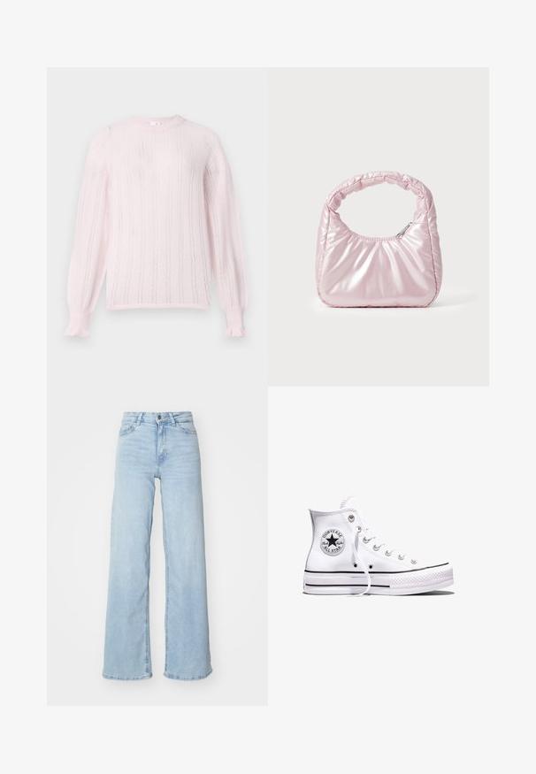 Suéter de punto rosa claro con cuello redondo, que presenta rayas verticales, puños acanalados y detalles de volantes en los extremos de las mangas.; Jeans de mezclilla de pierna ancha en azul claro. Presentan una cintura alta, cierre delantero con botón y dos bolsillos. Textura suave con un leve desgaste.; Zapatilla Converse Chuck Taylor All Star blanca de caña alta con rayas negras y parche de logo en el lateral, mostrada sobre un fondo blanco liso.; Bolso de mano acolchado en color rosa con un diseño redondeado, fabricado en material brillante. Presenta un asa fruncida y un cierre de cremallera para un acceso seguro.