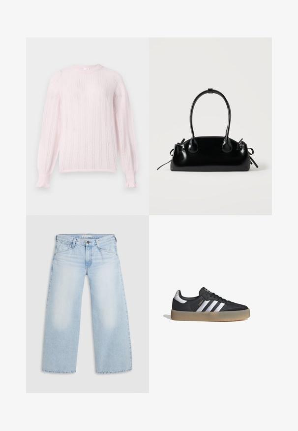 Suéter de punto rosa claro con cuello redondo, que presenta rayas verticales, puños acanalados y detalles de volantes en los extremos de las mangas.; Jeans de pierna ancha en un suave tono azul, confeccionados en denim. Presentan corte recto, diseño de cinco bolsillos y un cierre de botón en la cintura.; Zapatilla deportiva de cuero negro con tres rayas plateadas, punta texturizada y suela de goma. Cuenta con un collar acolchado y un diseño con cordones.; Pequeño bolso negro brillante con dos asas largas y detalles de cordón lateral sobre un fondo claro liso.