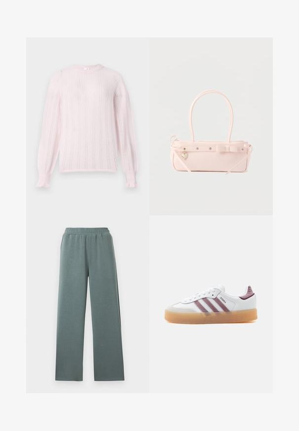 Suéter de punto rosa claro con cuello redondo, que presenta rayas verticales, puños acanalados y detalles de volantes en los extremos de las mangas.; Pantalones de pierna ancha en verde apagado con cinturilla elástica, confeccionados con tela suave y ligera, diseñados para uso casual.; Zapatilla blanca de perfil bajo con suela de goma marrón, franjas de ante malva y detalles en el talón, con la etiqueta "SAMBA" en el lateral.; Bolso rectangular de color rosa pálido con doble asa, lazo decorativo, ojales metálicos y un pequeño colgante en forma de corazón sobre un fondo liso.