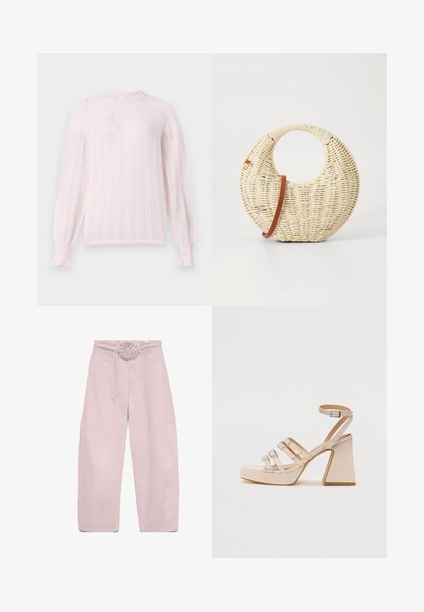 Lys pink strikket sweater med rund hals, der har lodrette striber, rib-søm i ærmerne og flæse-detaljer ved ærmeslutterne.; Lyserøde bukser med vidde i benene, høj talje, frontlommer og matchende reb-bælte bundet i en knude foran.; Beige platform sandaler med tre justerbare stropper og ankelspænde. Blank finish, firkantet hæl og glat tekstur.; Rund flettet taske i naturligt strå med en tekstureret overflade. Har en glat brun læderrem og et cirkulært håndtag.