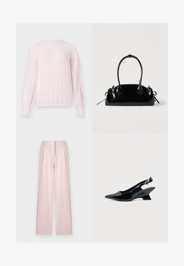 Pull tricot léger rose avec un col rond, présentant des rayures verticales, des poignets côtelés et des accents de volants aux extrémités des manches.; Pantalon large rose clair avec plis à l'avant, passants de ceinture et fermeture dissimulée à l'avant, présenté sur un fond uni.; Chaussure slingback en cuir verni noir avec bout pointu et petit talon bloc incliné sur fond clair uni.; Petit sac à main noir brillant avec deux longues anses et des détails à cordon sur les côtés sur un fond clair uni.