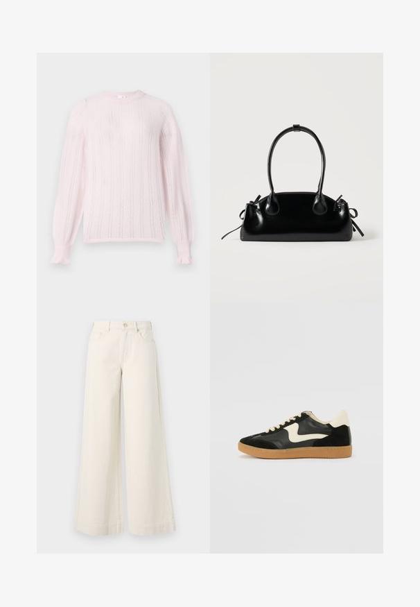 Suéter de punto rosa claro con cuello redondo, que presenta rayas verticales, puños acanalados y detalles de volantes en los extremos de las mangas.; Pantalones de mezclilla de pierna ancha en un tono beige claro, con cintura alta, dos bolsillos frontales, cierre de botón y un sutil detalle de costura.; Zapatillas de deporte de ante y cuero negro con un swoosh lateral en crema y un talón en crema claro. Presenta cordones beige y una suela de goma marrón.; Pequeño bolso negro brillante con dos asas largas y detalles de cordón lateral sobre un fondo claro liso.