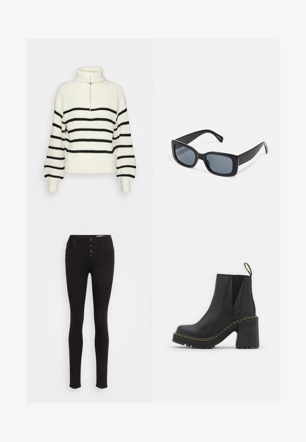 Gebreide coltrui in crème met zwarte horizontale strepen. Voorzien van een halve rits aan de voorkant en brede, ribgebreide manchetten en zoom.; Zwarte skinny jeans van denim, met een hoge taille, vijf zakken en een sluiting met vijf knopen voor extra detail.; Zwarte leren enkellaarzen met een blokhak. Voorzien van elastische zijpanelen en gele stiksels langs de zool. Getextureerde rubberen buitenzool.; Zwarte rechthoekige zonnebril met donkere getinte lenzen, een dik plastic montuur en brede scharnieren. Glad oppervlak en hoekig ontwerp.