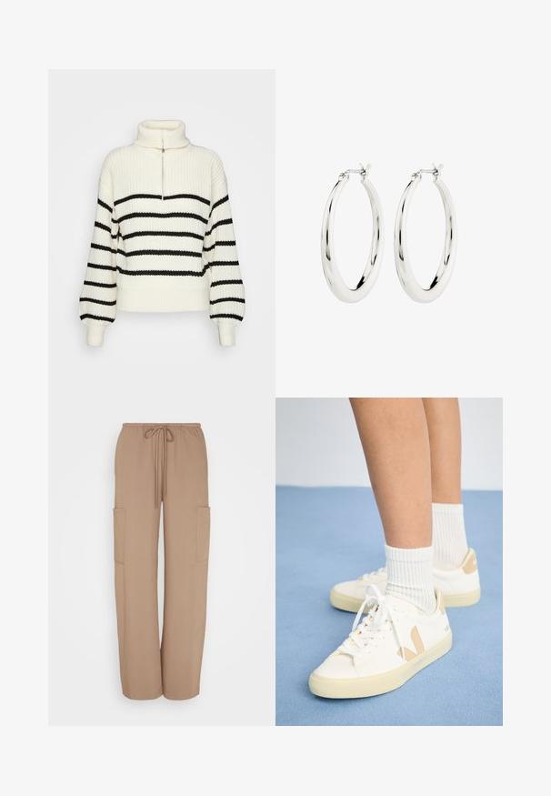 Kreem värvi nööriga kaelusega kudumisel sokk mustade horisontaalsete triipudega. Omab pool-zip ees, lai ribaga mansetid ja ääred.; Weekday ADISA SUITING TROUSER - Kargopüksid - mole medium dusty; Valged tenniset jalatsid pruuni aktsentide, ümarate nina ja valgete paeltega. Kandmisel ribaga valgete sokkide kõrval, helesinise taustal.; Hõbedased rõngaskõrvarõngad siledast ja läikivast viimistlusest. Ringikujuline, sisaldab kindlat kinnitust. Lihtne ja elegantne disain.